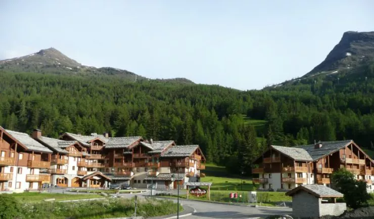 Le hameau de chalets dans la forêt à Val-Cenis en été